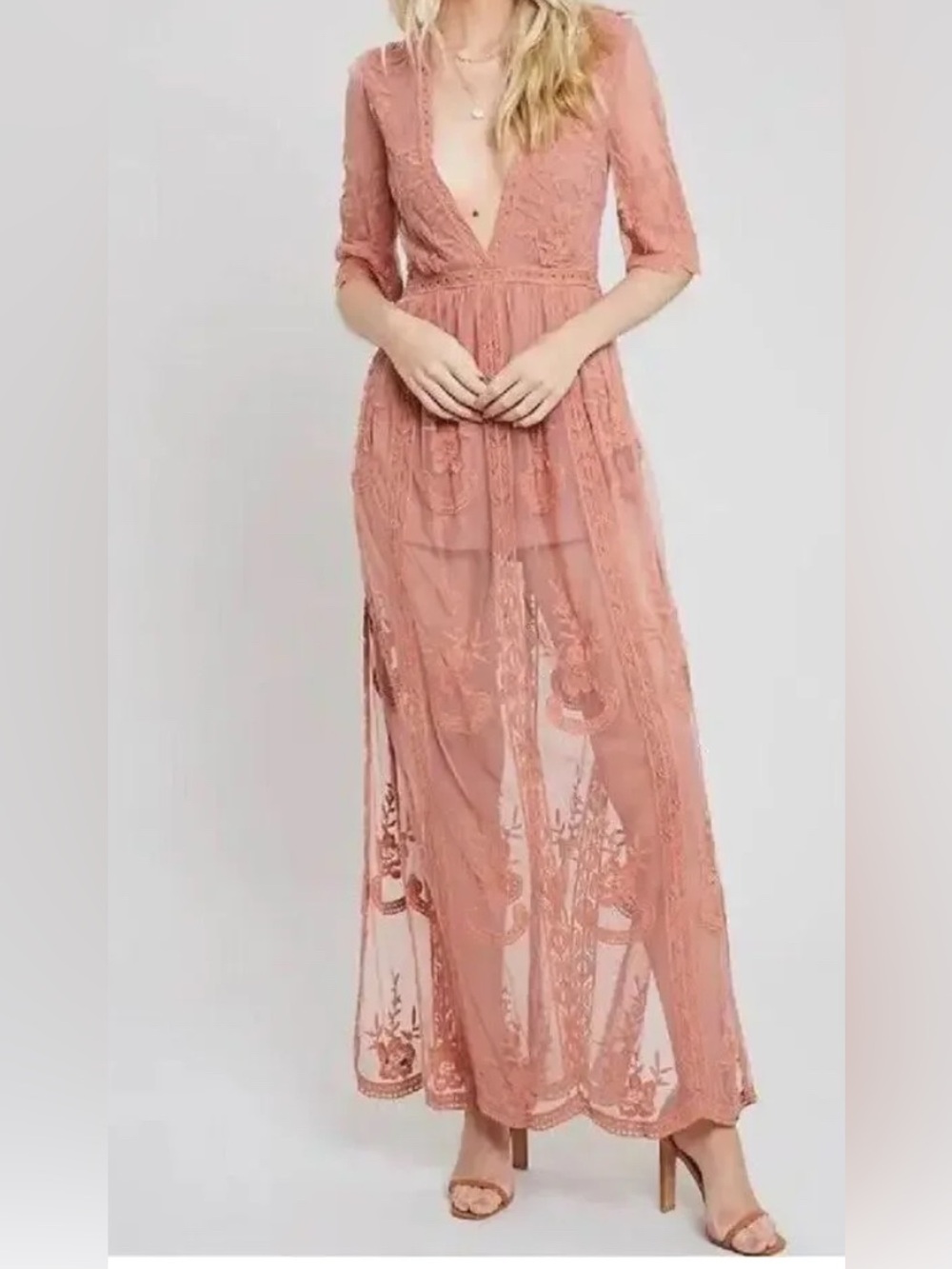 Honey Punch Lace Maxi Dress in Dusty Rose